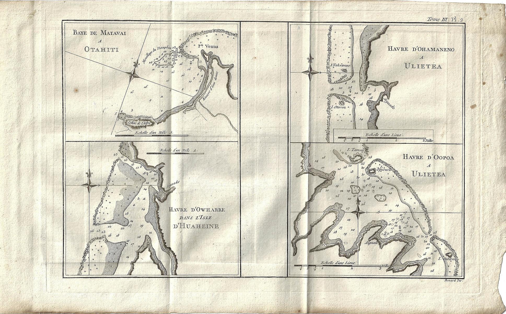 Copperplate engraving of partial maps of 'Otahiti (Tahiti), Ulitea (2) and Huaheine' originally drawn by Captain Wallis