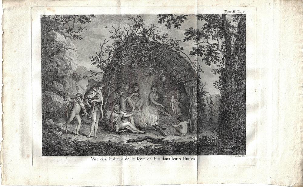 Copperplate engraving of 'the Indians of Tierra del Fuego in their huts'