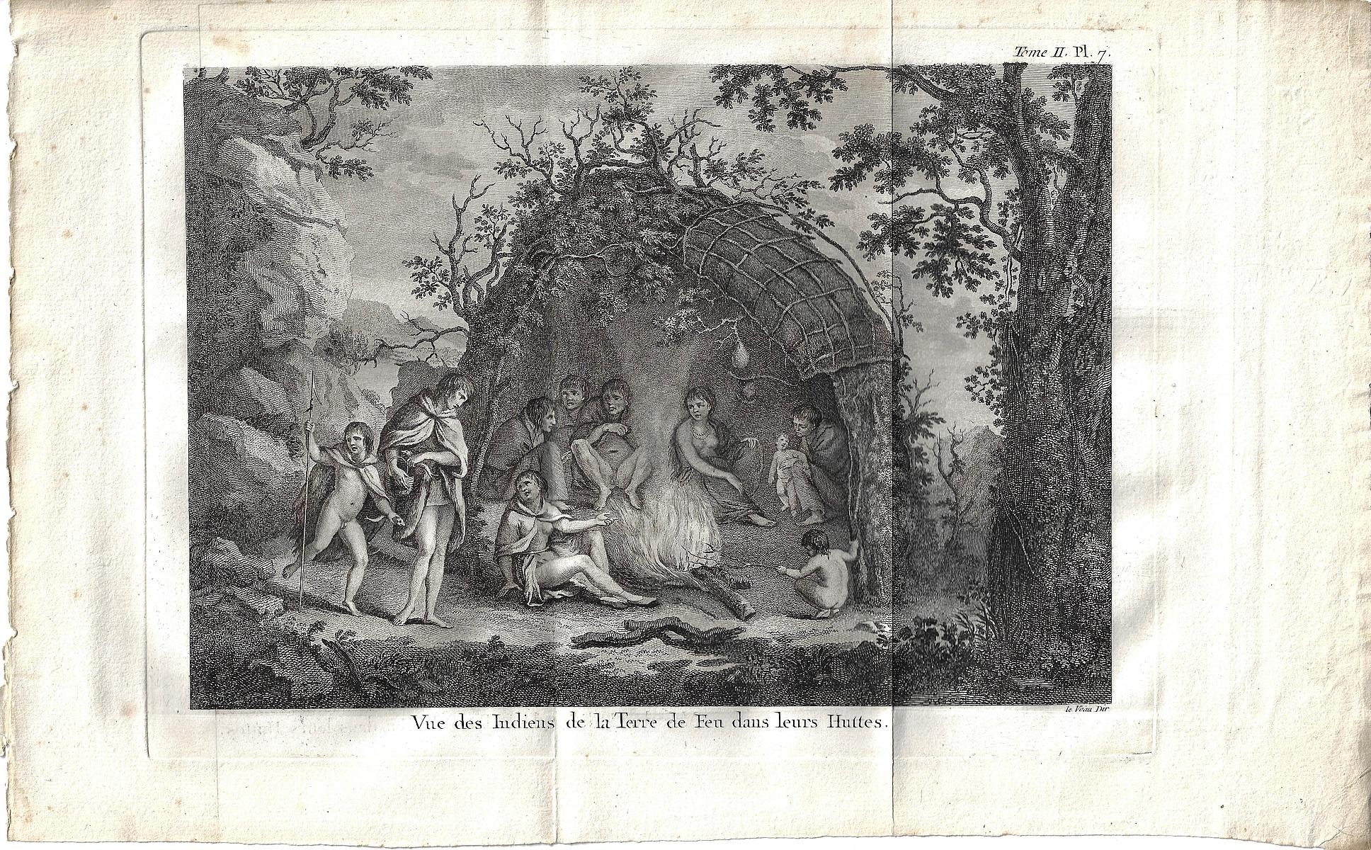 Copperplate engraving of 'the Indians of Tierra del Fuego in their huts'
