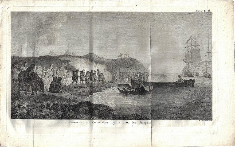 Copperplate engraving of 'Commodore Byron with the Patagonians'