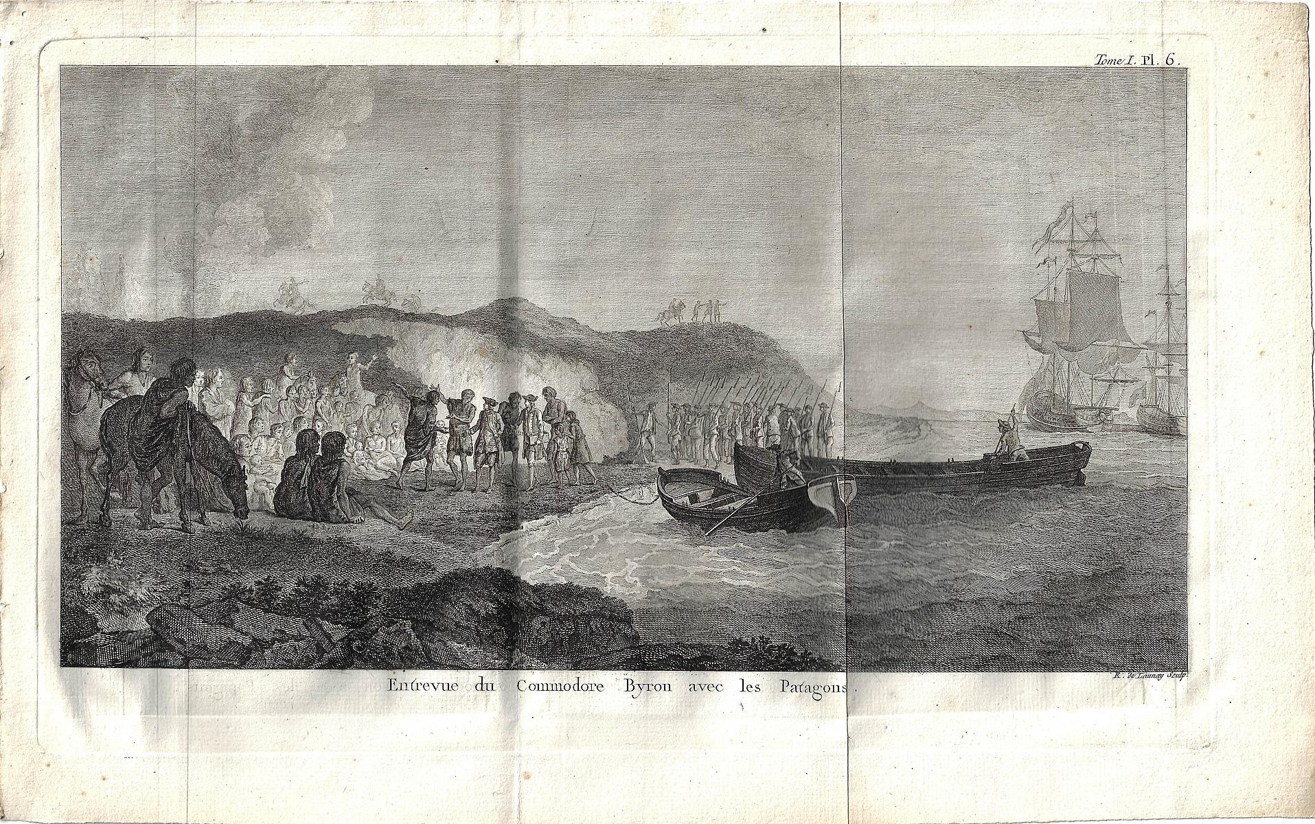 Copperplate engraving of 'Commodore Byron with the Patagonians'