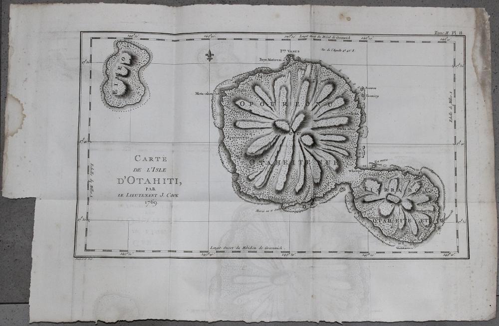 Copperplate engraving of a 'Map of Otahiti (Tahiti)' originally drawn by Lieutenant James Cook in 1769