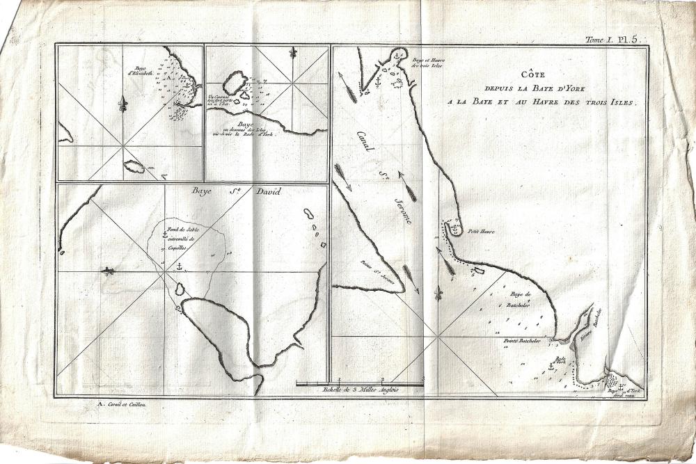 Copperplate engraving of 'the Bay of Elizabeth, the Bay St David and the coast line from the Bay of York to the Bay of Three Islands'