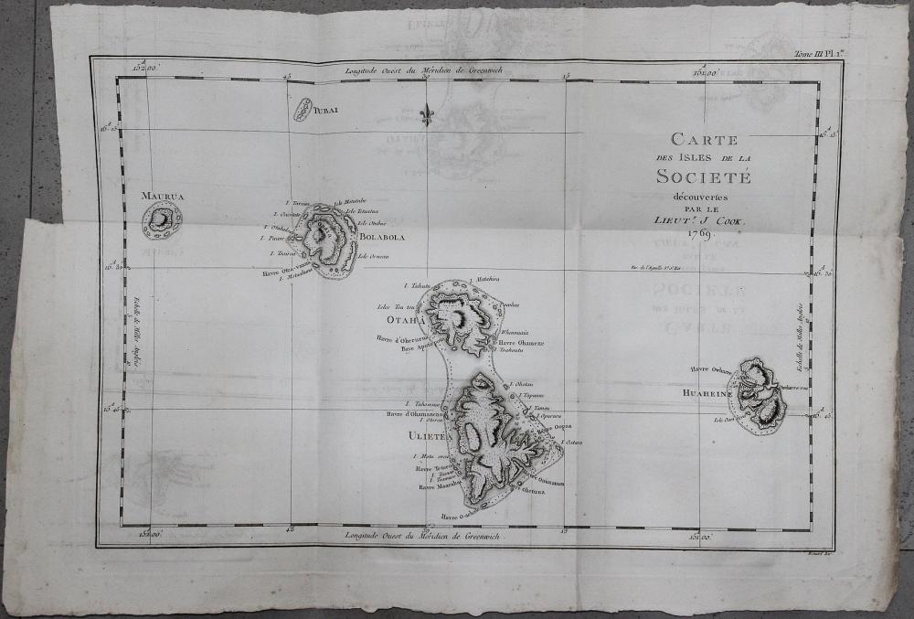 Copperplate engraving of the 'Society Islands' originally drawn by Lieutenant James Cook in 1769