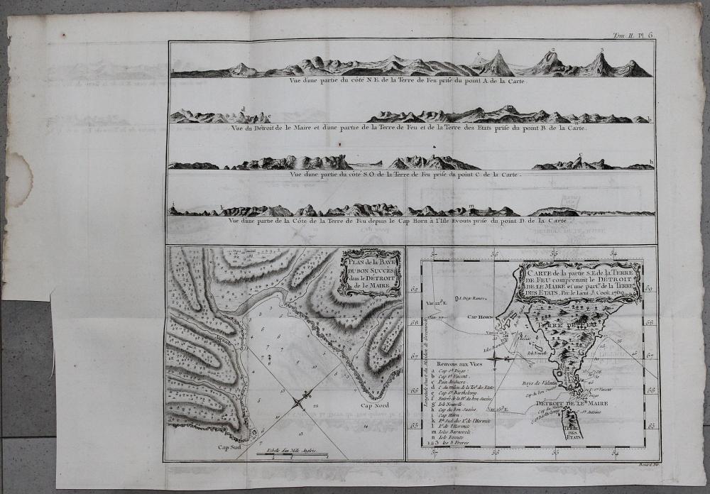 Copperplate engraving of 'a plan of Success Bay in Strait le Maire, a chart of the S.E. part of Terra del Fuego including Strait le Maire & part of Staten-land,'&nbsp;originally drawn by Lieutenant James Cook in 1769