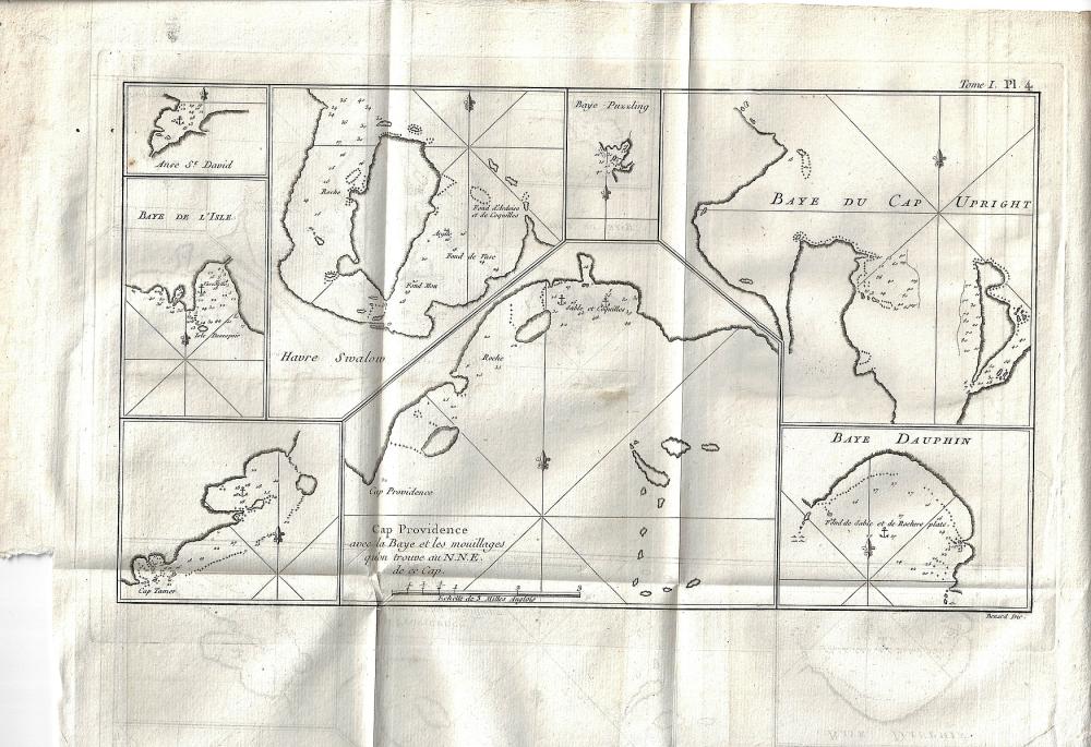Copperplate engraving of 'Island Bay,&nbsp;Puzzling Bay,&nbsp;Cape Upright Bay and&nbsp;Dolphin Bay in Chile.'