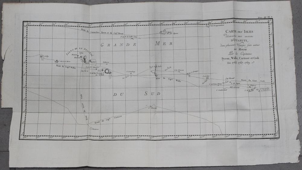Copperplate engraving of a 'map tracing the courses around Tahiti taken by Byron, Wallis, Carteret and Cook'