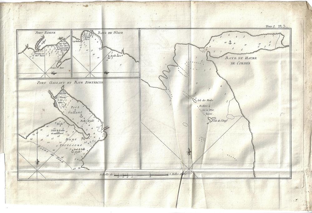 Copperplate engraving of 'Port Famine, Wood Bay, Port Gallant & Fortesque Bay and the Bay & Harbour of Cordes'