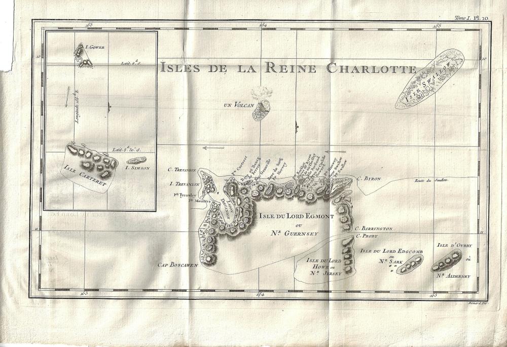 Copperplate engraving of 'Isles de la Reine Charlotte (Santa Cruz Islands)