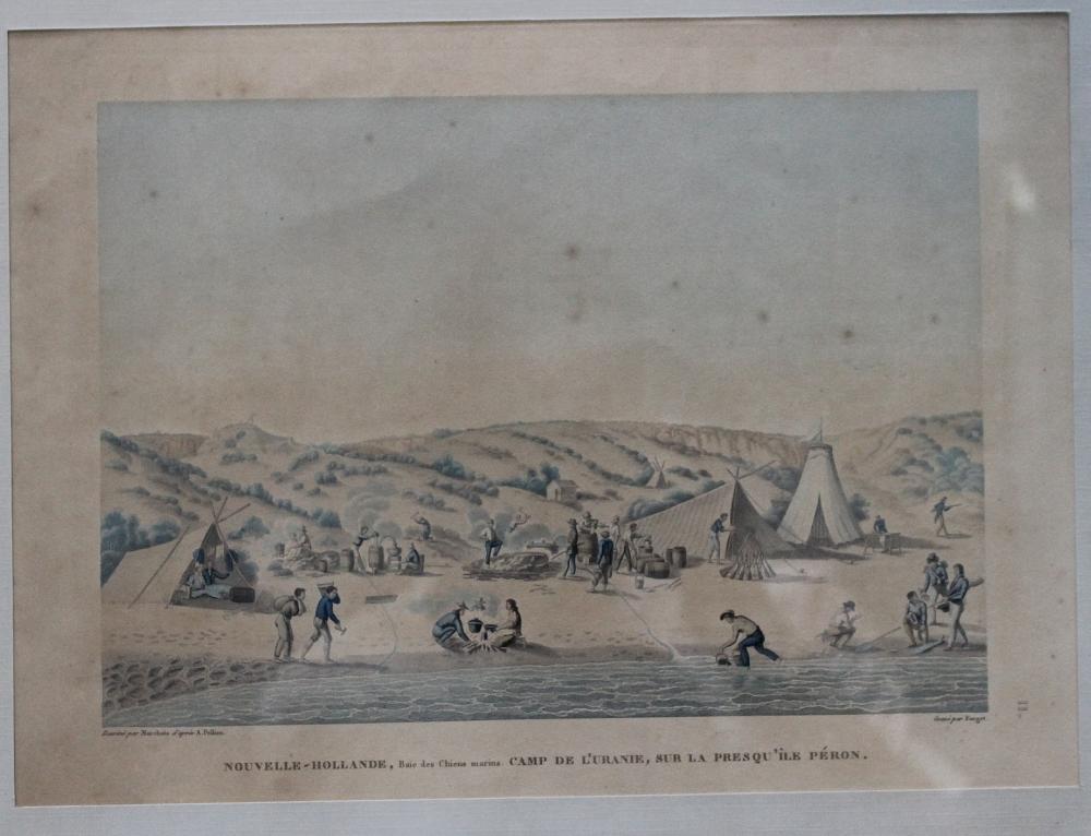 Framed Coloured Print of 'New Holland, Shark Bay (Australia). Camp of the Uranie on the Peron Peninsula' circa&nbsp;1820s
