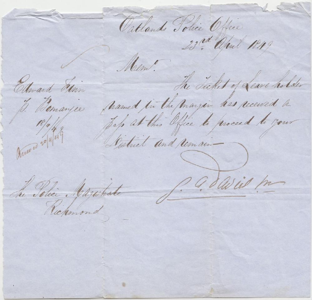 Australia. Tasmanian Convict - Ticket of Leave, 1849