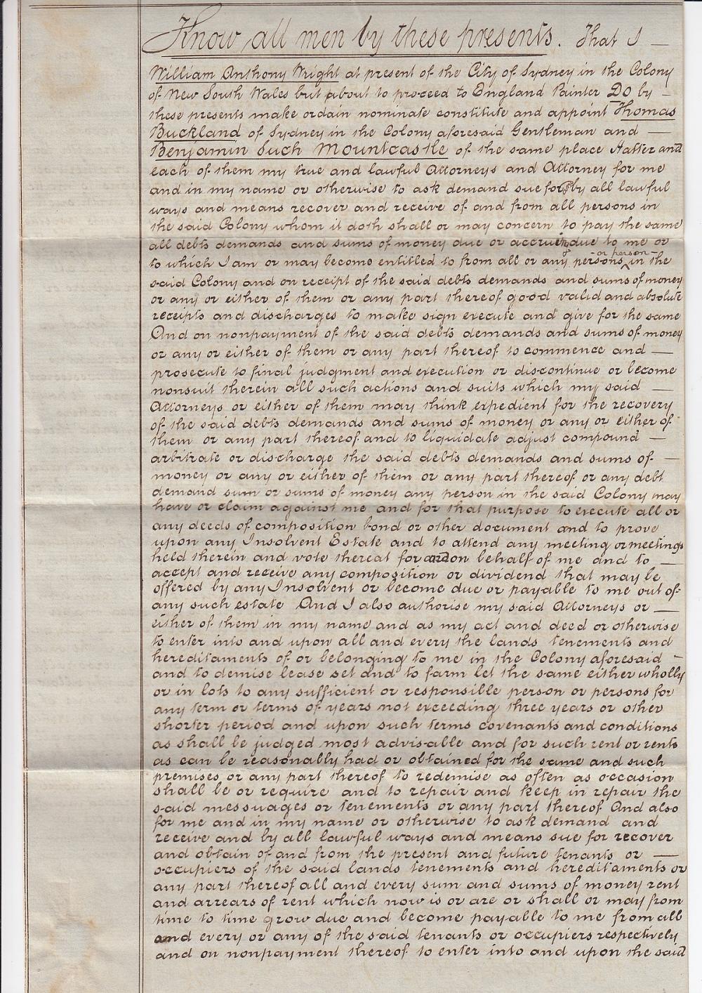 Australia. Power of Attorney dated 25th January, 1851 appointing Messrs 'T. Buckland' & 'B.S. Mountcastle' to administer the affairs of 'Mr William Anthony Wright' on his departure for England, Very Fine