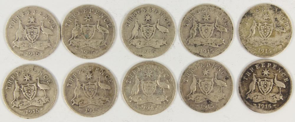 Australia 1915 Threepences, VG or better (10 coins)