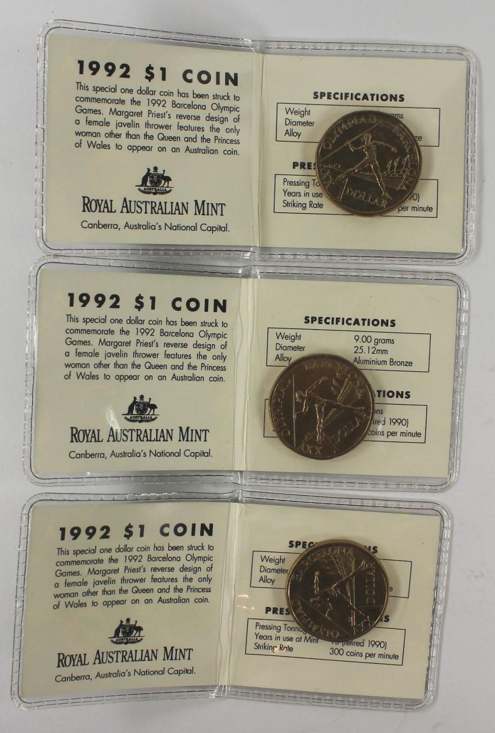 Australia 1992 $1 Al-Br, Uncirculated (3 Coins)