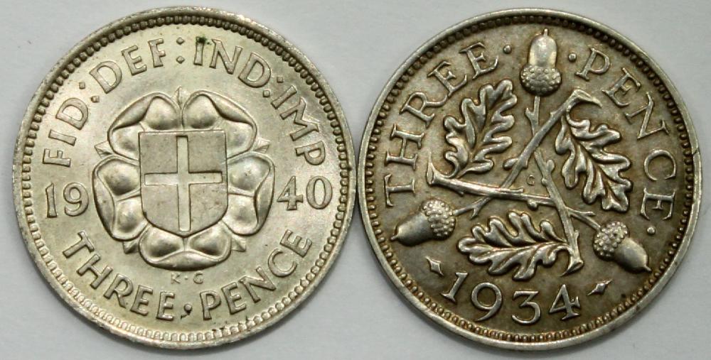 Great Britain 1934 & 1940 Threepences, Uncirculated