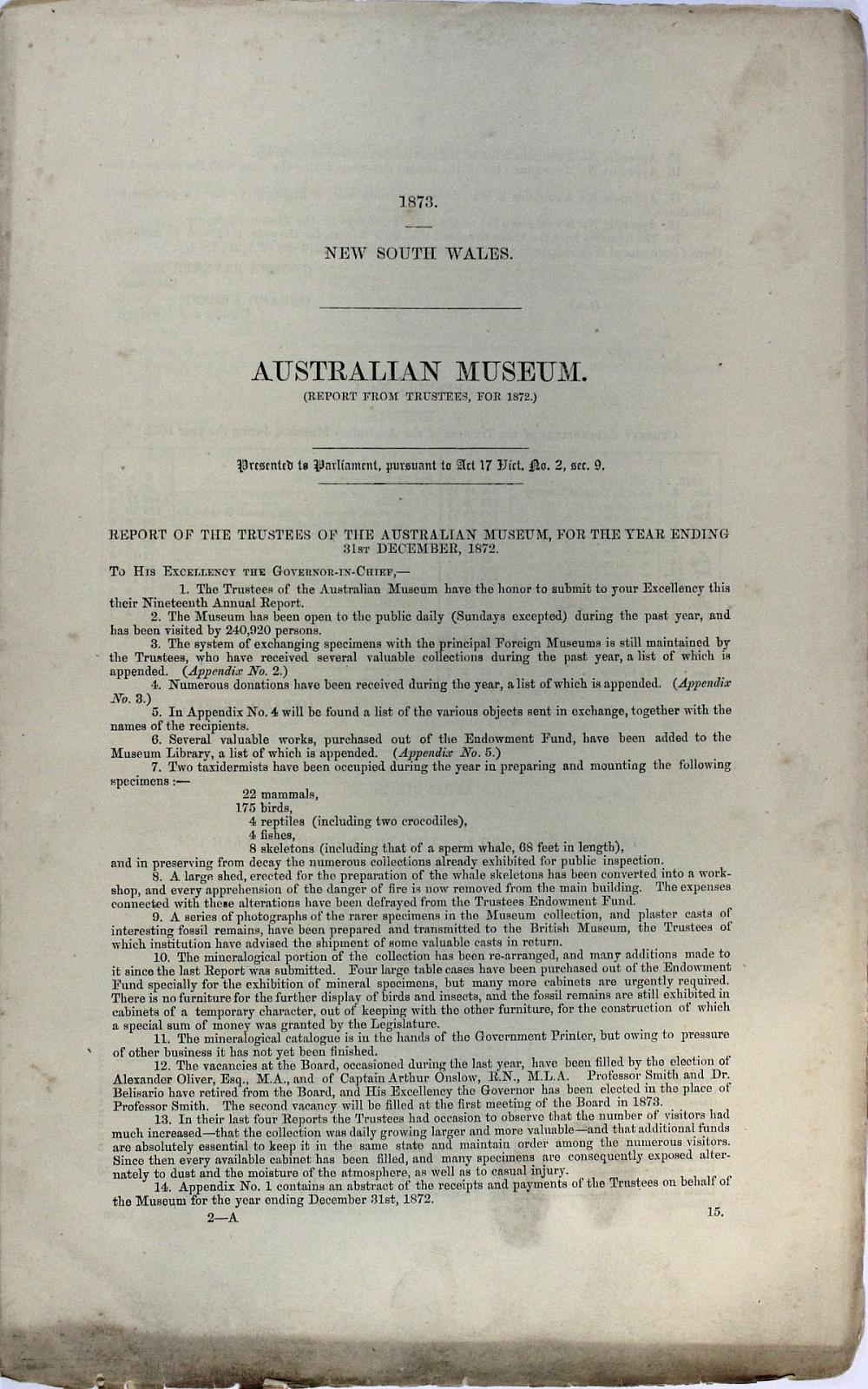 New South Wales (Australia) 1873 Australian Museum, Report from Trustees, for 1872
