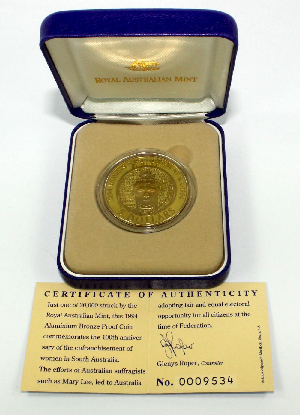 Australia 1994 'Enfranchisement of Women' Al-Br Proof $5, FDC
