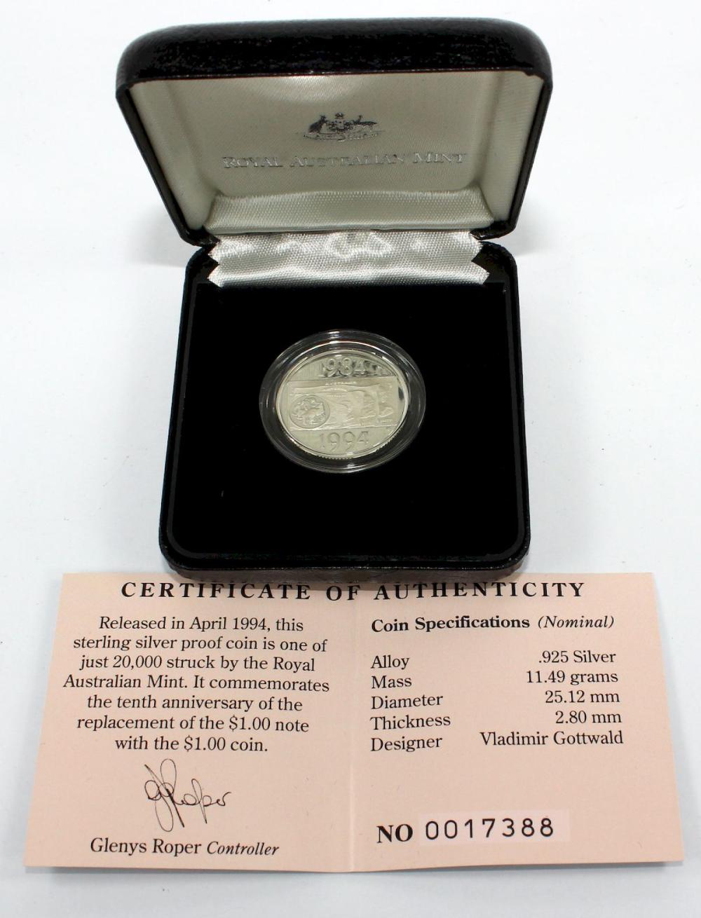 Australia 1984 - 1994 Anniversary Silver (999) Proof Dollar, FDC