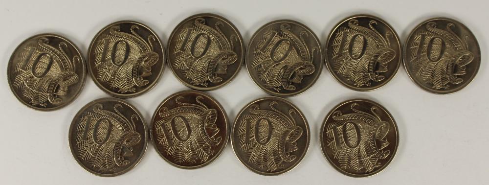 Australia 1970 Ten Cents, Uncirculated (10 coins)