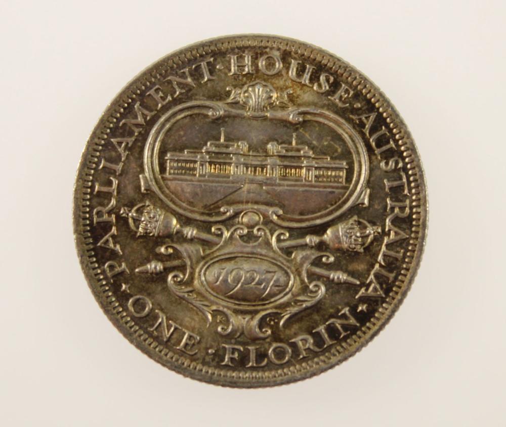 Australia 1927 'Canberra' Florin, Near Gem