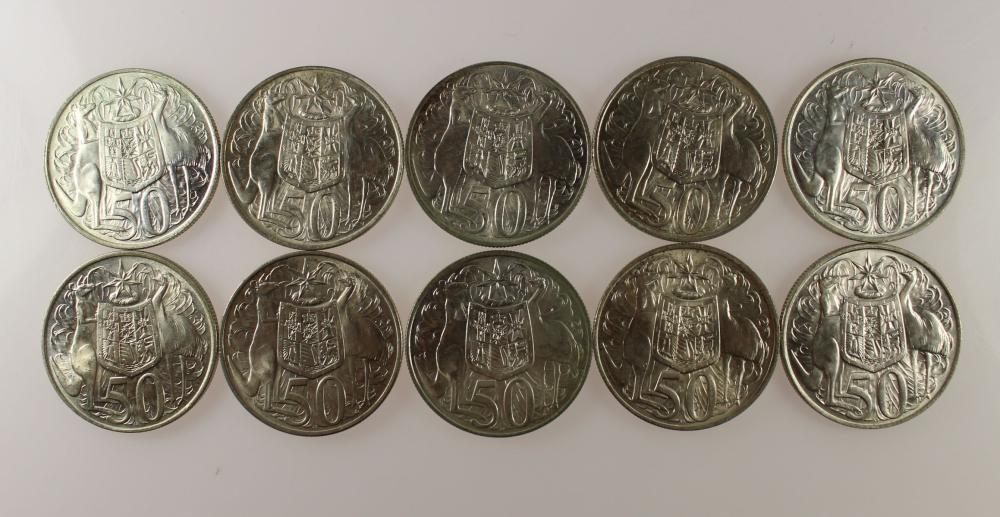 Australia 1966 Silver (800) 50c, Brilliant Uncirculated (10 coins)