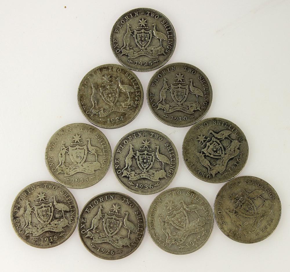 Australia 1910, 1913, 1914, 1916, 1917, 1918, 1924, 1925, 1926 & 1936 Florins, VG or better (10 coins)