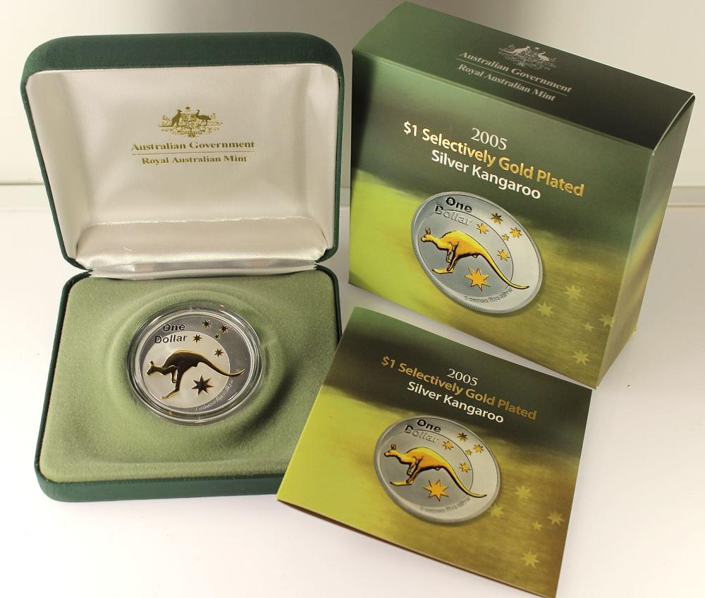 Australia 2005 'Kangaroo' Selectively Gold-plated Proof Silver (999) Dollar, FDC