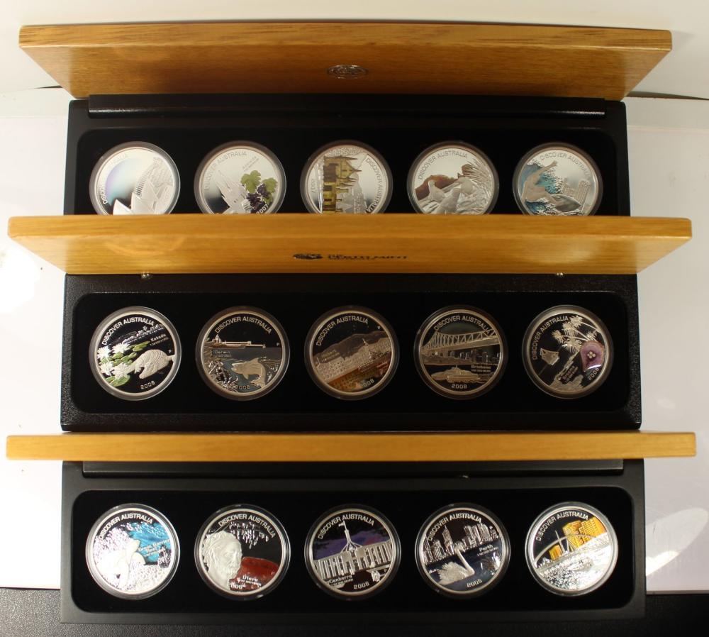 Australia 2007 'Discover Australia' Proof Silver (999) Coloured Dollars, FDC (15 coins)