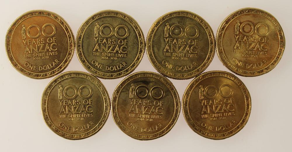 Australia 2016 (1) & 2018 (6) '100 Years of ANZAC Al-Br $1's Uncirculated, (7 coins)