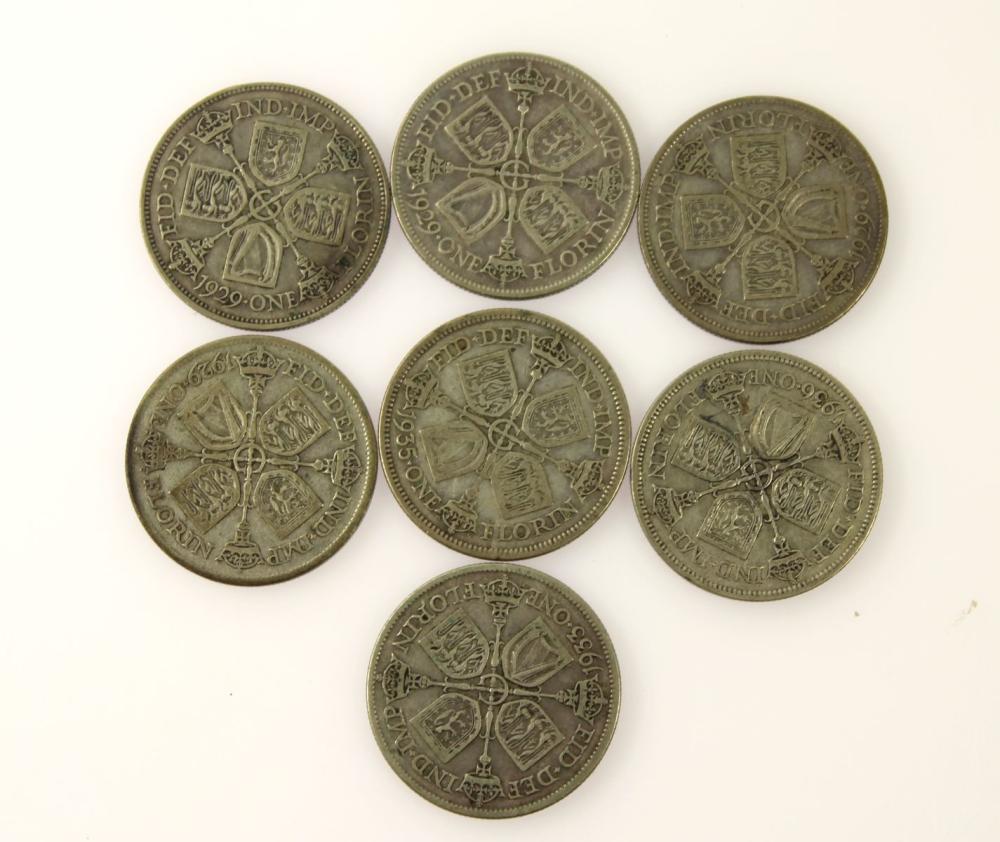 Great Britain 1929 (4), 1933, 1935 & 1936 Silver (500) Florins, Fine or better (7 coins)