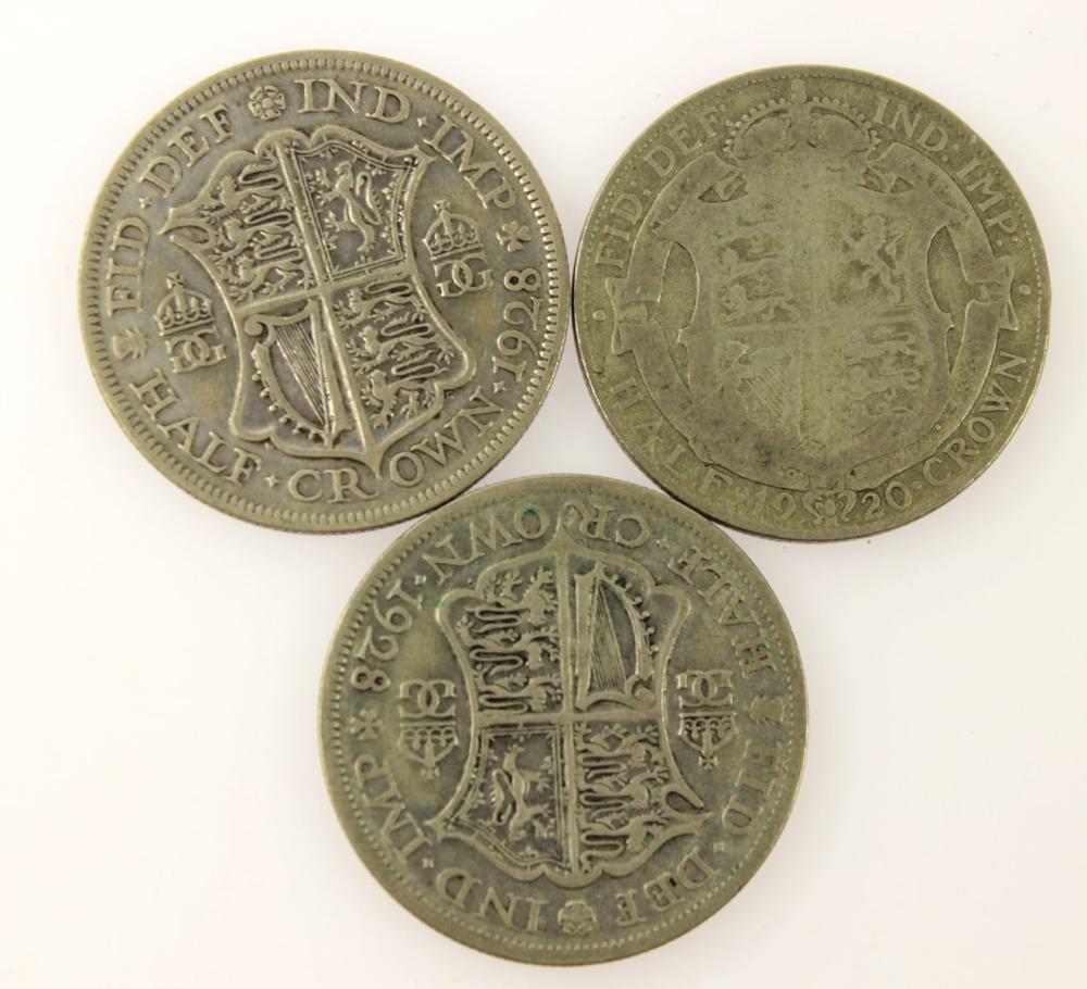 Great Britain 1920 & 1928 (2) Silver (500) Half Crowns, about Fine or better (3 coins)