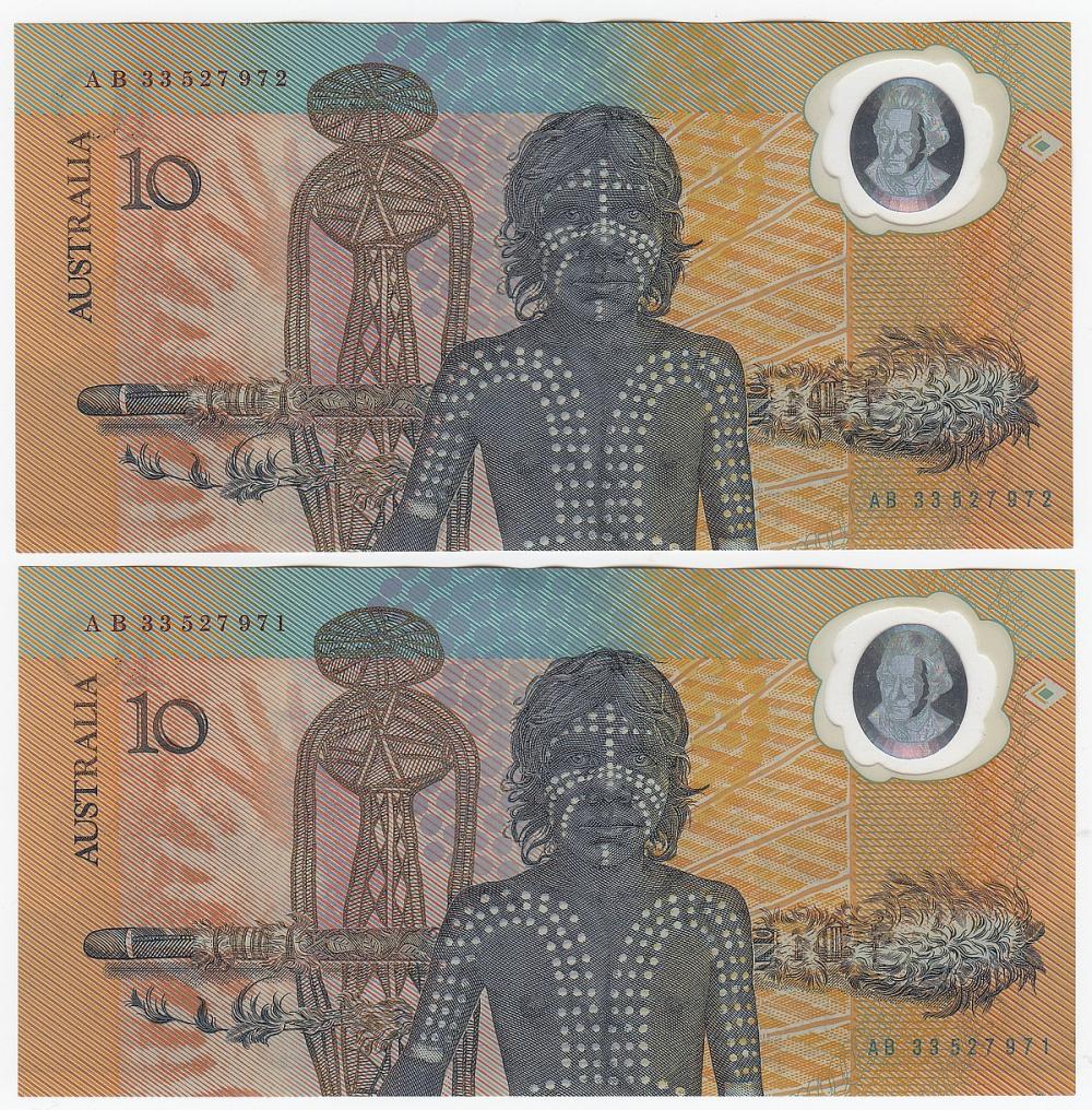 Australia. 'Johnston - Fraser' Bi-centennial Ten Dollars (1988), Uncirculated (Consecutive Pair)