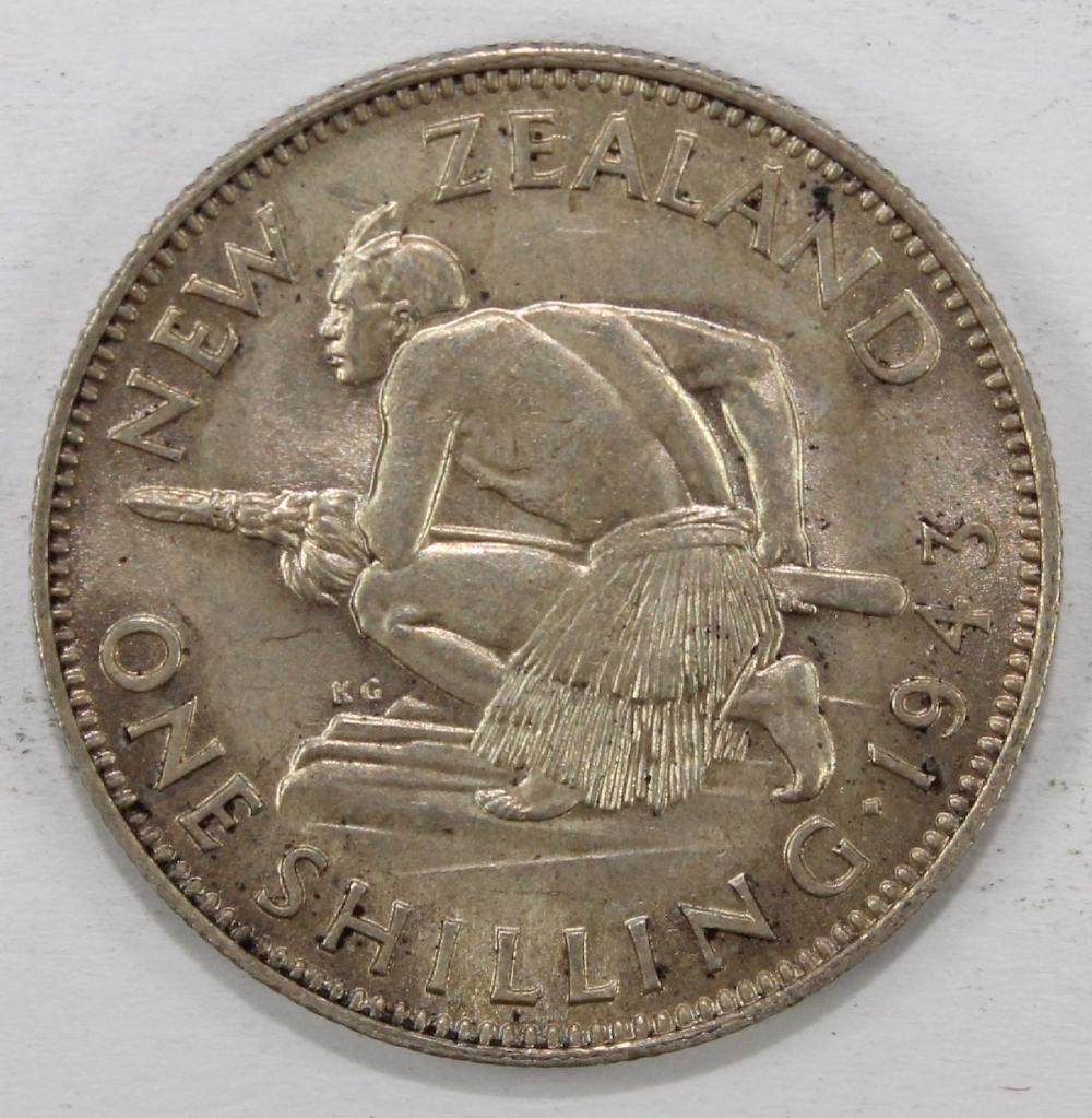 New Zealand 1943 Silver (500) Shilling, near Gem