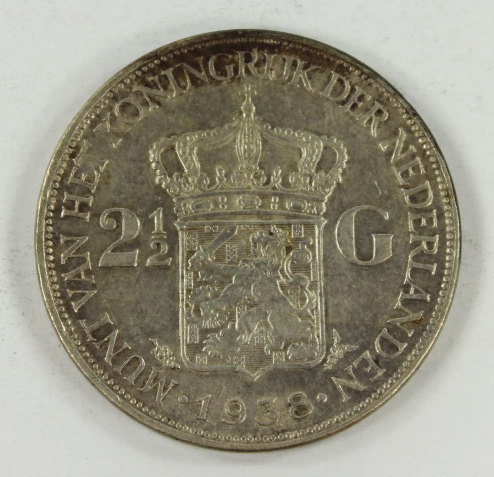 Netherlands 1938 Silver (720) 2 & 1/2 Gulden, about Uncirculated