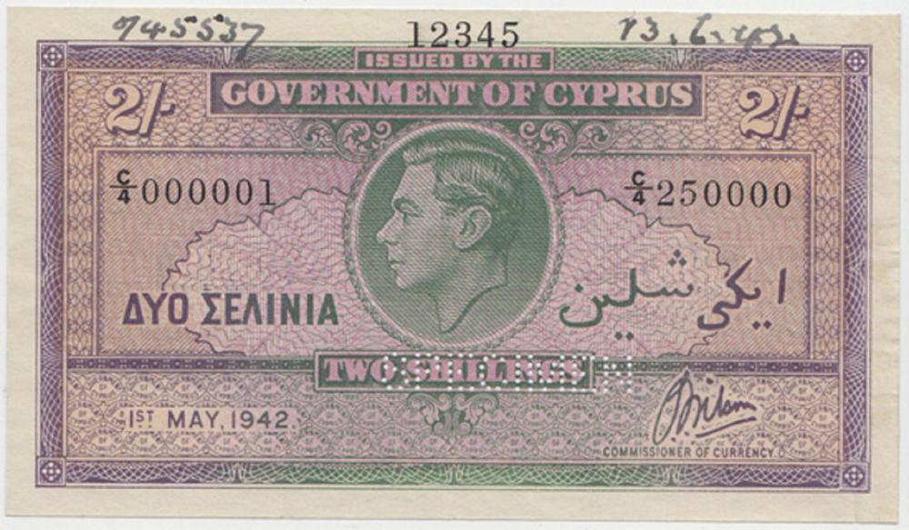 Cyprus. 1st May, 1942 Specimen 2/- , about Uncirculated
