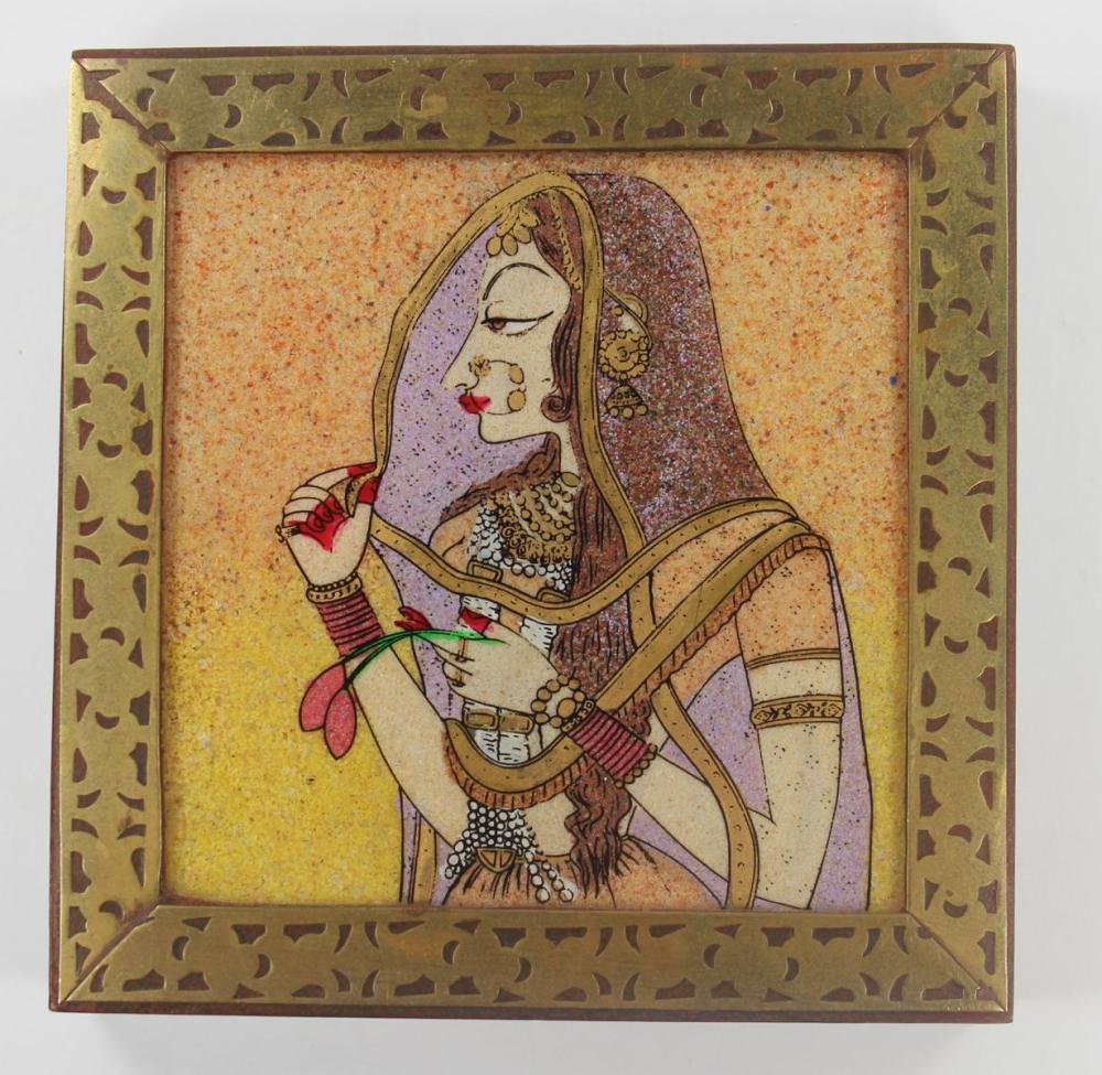 Hindu Lady hand-painted in a Wood & Brass Frame