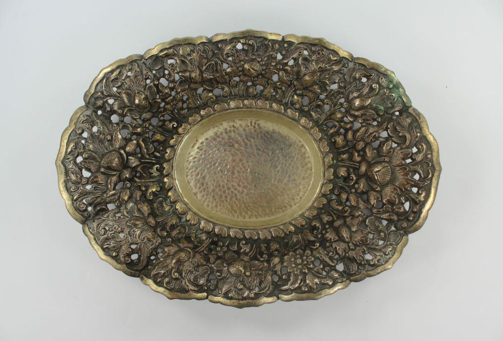 Art Nouveau Pierced Silver (800) Dish with Hand-beaten interior