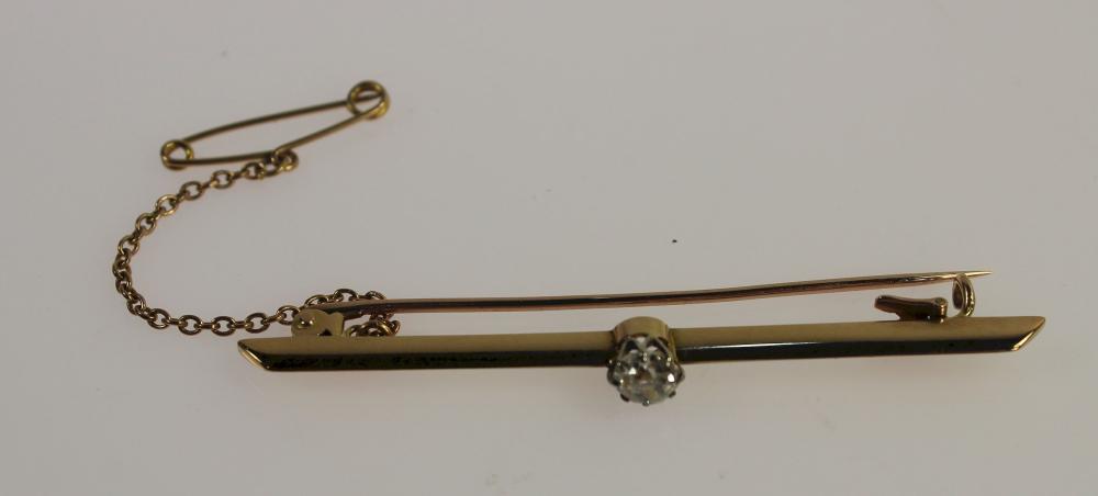 Diamond Bar Brooch in 15ct Yellow Gold with Safety Chain