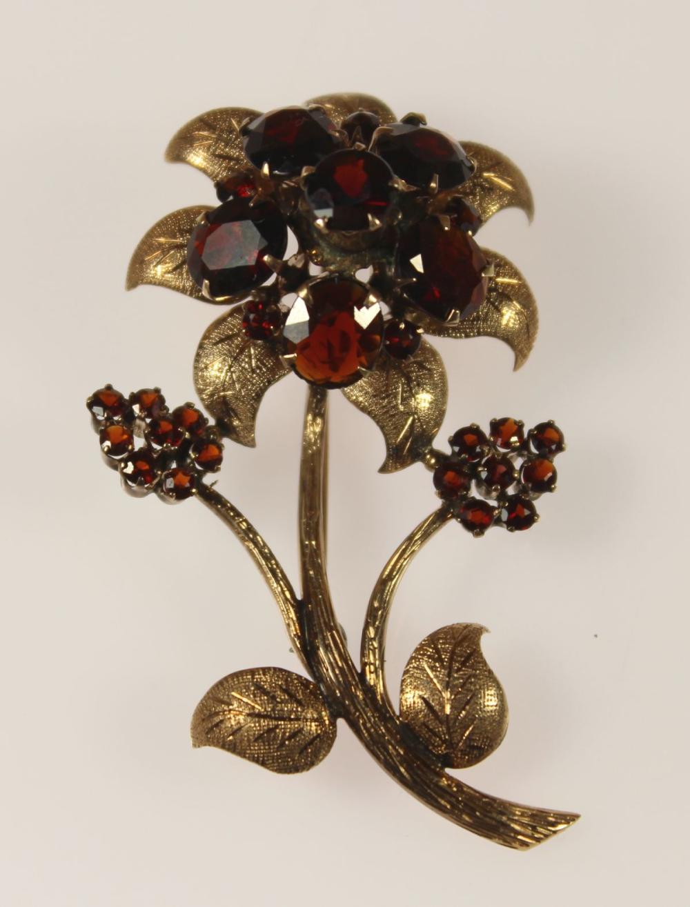 Exotic Red Crystal Floral Brooch in 10ct Yellow Gold