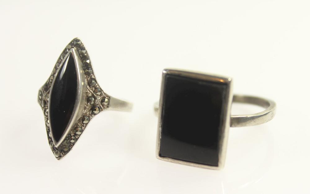 Black Onyx & Marcasite Rings in Sterling (925) Silver (2 Rings)