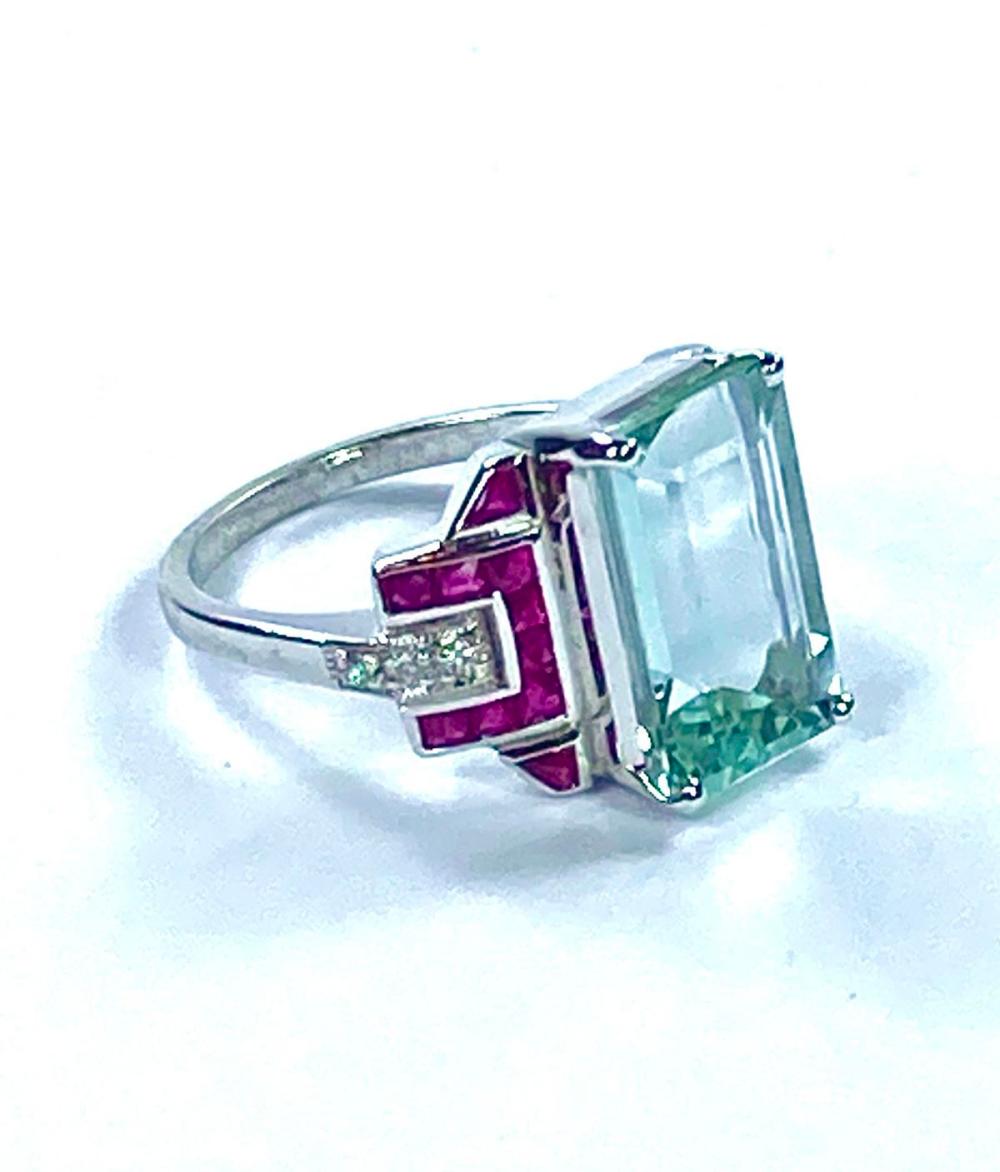Deco-style Aquamarine Ruby & Diamond Ring in 9ct White Gold